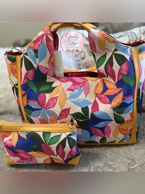 NWT Cato’s X-Large Multicolor Leaf-Print Tote with Yellow Trim & Matching Pouch